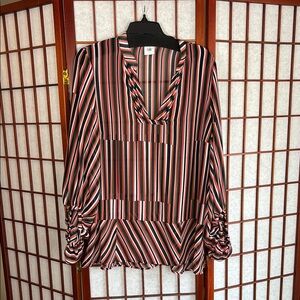Cabi Ultimate Blouse, Elegant Sheer Striped- orange, green, black, white, L